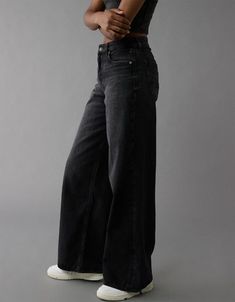 AE Strigid Super High-Waisted Ultra Wide-Leg Jean Joggers Wide Leg, Wide Leg Black Jeans Outfit, Cute Black Jeans, Thrifting Outfits, Downtown Lifestyle, Swag Pants, Wide Leg Ankle Pants, Black American Eagle Jeans, Wide Leg Black Jeans