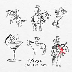 four drawings of people riding horses and martinis