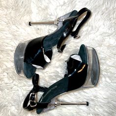 Clear Platform Heels With Black, Silver, And A Touch Of Bling. Clear Platform Heels, Bronze Heels, Bling Heels, Gold High Heels, Ankle Strap Sandals Heels, Burberry Shoes, Bow Heels, Suede Block Heels, Slingback Shoes