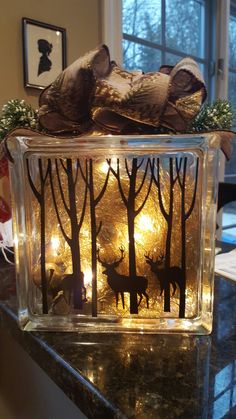 a glass box filled with deer and trees on top of a counter next to a window