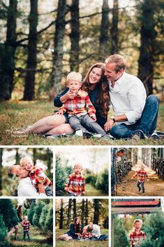 a family sitting in the woods together