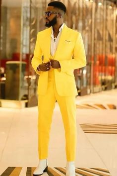 Yellow Tailored Suit For Semi-formal Occasions, Fitted Yellow Suits For Workwear, Fitted Single Breasted Suit For Party, Elegant Yellow Suits With Notch Lapel, Fitted Yellow Blazer For Business, Yellow Notch Lapel Elegant Suit, Elegant Yellow Notch Lapel Suits, Fitted Elegant Yellow Blazer, Yellow Fitted Elegant Blazer