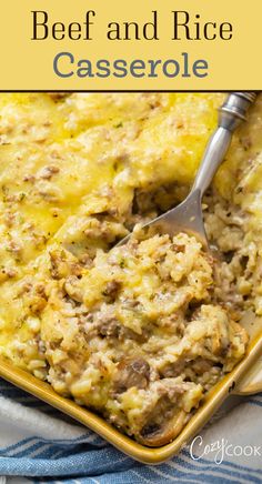 beef and rice casserole in a casserole dish with a silver spoon Ground Beef And Rice Casserole, Cheesy Ground Beef And Rice, Beef And Rice Casserole, Cheesy Ground Beef, Ground Beef And Rice, Pantry Ingredients, Crock Pot Recipes, Diner Recept