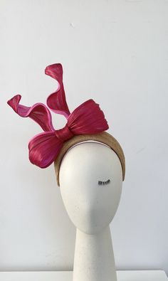 Abaca Silk Bow, Big Bow Headband, Royal Ascot Fascinator Elegant straw halo headband in light brown with a red and pink abaca silk bow. The base is hand blocked from a fine straw using traditional millinery techniques. The headband base is wired for extra strength and finished underneath with straw. Decorated with a lovely big abaca silk bow which is wired to keep the bow in it place. Beautiful headpiece, perfect for weddings, wedding guests, races and other special occasions. The headband is fi Kentucky Derby Party Hat With Satin Bow, Adjustable Ribbon Headpiece For Wedding, Elegant Fitted Fascinator With Ribbon, Formal Mini Hat With Bow For Kentucky Derby, Kentucky Derby Formal Mini Hat With Bow, Kentucky Derby Formal Fascinator With Satin Bow, Summer Formal Fascinator With Ribbon, Formal Headband For Kentucky Derby, Red Structured Crown Costume Hat For Wedding