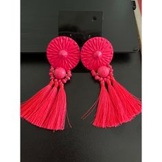 Pink Tassel Earrings Elegant Beach Earrings With Latkans, Elegant Latkans Earrings For Beach, Spring Tassel Drop Earrings, Elegant Tassel Earrings For Spring, Red Tassel Earrings For Beach, Summer Party Earrings With Latkans, Elegant Fringe Earrings For Spring, Elegant Summer Tassel Earrings, Fringe Earrings For Spring Party