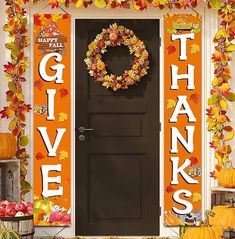 Design patterns:White Alphabet "GIVE THNAKS"Autumn porch sign with Patterns Turkey,Pumpkin, maple leaves,Happy Fall represent the fall is coming and the harvest of autumn. Orange background with white alphabet,It makes people feel the joy of harvest.
Material: Eco-Friendly high quality Polyester cloth porch sign hanging banner background.Sturdy enough to use for long time, UV / fade-resistant, reusable and durable. it also can be washed by hand,very perfect for next year use! Autumn Porch, Outdoor Fall Decor Ideas, Fall Harvest Decorations, Thanksgiving Party Decorations, Turkey Pumpkin, Thanksgiving Banner, Fall Banner, Fall Is Coming, Welcome Banner