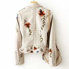 Dare to be bold in this vintage floral embroidery faux leather moto jacket! Featuring stunning floral embroidery, this eye-catching jacket is sure to make you stand out from the crowd. Conquer the elements and look good doing it! Gender: WOMEN Item Type: Coats & Jackets Outerwear Type: Leather & Suede Style: Punk Style Material: PU, Faux Leather Decoration: Embroidery Decoration: Zippers Decoration: Rivet SIZE CHART Size (CM) Bust Shoulder Length Sleeve S 92 38 47 59 M 96 39 48 60 L 100 40 49 61 Bohemian Fitted Outerwear With Intricate Embroidery, Fitted Bohemian Outerwear With Intricate Embroidery, Embroidered Leather Jacket For Fall, Beige Floral Embroidered Outerwear For Fall, Fall Floral Print Multicolor Embroidered Outerwear, Fall Floral Print Outerwear With Multicolor Embroidery, Fall Beige Outerwear With Floral Embroidery, Fall Multicolor Embroidered Floral Outerwear, Fall Outerwear With Multicolor Embroidery And Floral Print