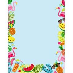 a blue background with flamingos, pineapples and watermelon