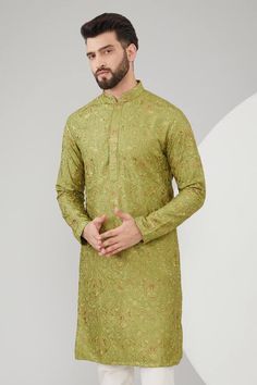 Mehendi green silk kurta with kashmiri thread embroidery. Comes with a pant. - Aza Fashions Pista Green Straight Kurta With Intricate Embroidery, Green Lawn Suit With Intricate Embroidery For Festive, Green Long Sleeve Lawn Suit With Zari Work, Green Resham Embroidery Jamawar Set, Green Resham Embroidery Sets In Jamawar, Green Long Sleeve Churidar For Eid, Green Jamawar Kurta With Resham Embroidery, Green Jamawar Kurta With Dabka Work, Green Straight Kurta With Resham Embroidery