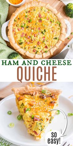 ham and cheese quiche on a plate with broccoli