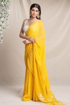 Shop for Sanjev Marwaaha Yellow Modal Floral Embroidered Pre-draped Saree With Blouse for Women Online at Aza Fashions Yellow Saree With White Blouse, Yellow Saree For Haldi, Draped Saree, Black Lehenga, Poses Women, Drape Saree, Yellow Saree, Hacks Clothes, Saree Trends