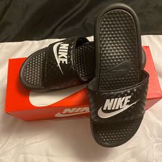 Black With White Nike Swoosh Shoes Nike Women, Nike Slippers, Womens Slides, White Nike, Nike Swoosh, Shoes Nike, White Nikes, Nike Shoes, Nike Women