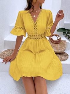 Women's 2024 Sexy V-Neck Mini Dress Solid Short Sleeve Hollow Out Waist Holiday Dress V-neck Dress With Lace Trim For Vacation, Flirty V-neck Midi Dress For Brunch, Flirty V-neck Mini Dress For Summer, Fitted V-neck Mini Dress For Brunch, Stretch V-neck Dress With Hollow Out Details, Stretch Lace Trim Mini Dress, Flirty V-neck Spring Dress, Date Night V-neck Mini Dress, Solid Color V-neck Mini Dress For Date Night