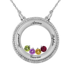 Cherish your loved ones with this delightful family circle pendant with diamond accents. This necklace includes a rope chain that is secured with a spring ring clasp. You may personalize with the birthstones of your choice and engraving that special sentiment. Diamond Jewelry Gift For Mom, Mother's Day White Gold Round Birthstone Necklace, White Gold Round Birthstone Necklace For Mother's Day, Personalized White Gold Pendant Birthstone Necklace, Diamond Birthstone Necklace For Anniversary, Mother's Day Round Pendant Birthstone Necklace, Mother's Day Birthstone Necklace With Round Pendant, Personalized White Gold Birthstone Necklace For Mother's Day, Personalized White Gold Birthstone Necklace For Birthday