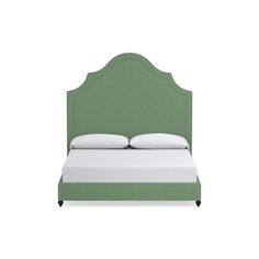 a bed with green headboard and pillows on the top of it, against a white background