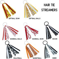 Our sports print hair tie streamers are perfect for athletes and fans alike! Our ribbon ponytail holders will be a great addition to your uniform or fan gear. They are comfortable, lightweight, and look amazing on the field or court. These would make a perfect gift. Give them a try and see how much you and your friends love them! COMFORTABLE: Our hair tie streamers have Grosgrain ribbon that is about 6.5 inches in length and a rubber 4mm pony 0 that is 2x2 inches. The ribbon is 100% Polyester an Ponytail Streamers Diy, Soccer Hair Ribbons, Hair Tie Ribbon, Scarlet Hair, Sports Hair Bows, Camp Gifts, Softball Hair Bows, Easy Hair Bows, Hair Streamer