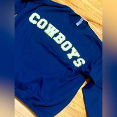 Beautiful Blue Cowboy Football Sweatshirt Blue T-shirt For Game Day, Blue Casual Tops For Game Day, Pre-shrunk Blue Crew T-shirt, Blue Varsity Tops For Game Day, Blue Fan Apparel Tops For Game Day, Blue T-shirt For Fall Streetwear, Blue Tops For Fall Game Day, Blue School Spirit T-shirt With Text Print, Blue School Spirit Tops For College