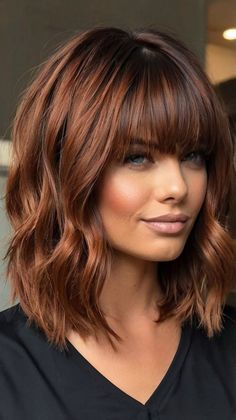 Half a dozen Ways to Adorn Your Dark Copper French Bob 🎀 Brownish Red Hair Color Caramel Balayage, Short Dark Brown Hair With Copper Highlights, Copper Brown Hair Blue Eyes, Fall Hair For Short Hair, Dark Copper Hair With Bangs, Fall Hair Color Ideas 2024, Cowboy Copper Bob, Brown And Auburn Balayage, Dark Brown And Copper Hair