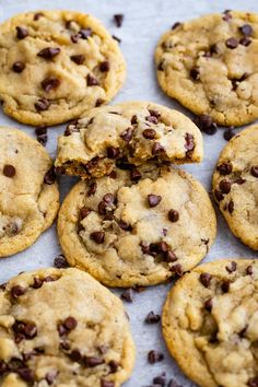 chocolate chip cookies are arranged on a baking sheet