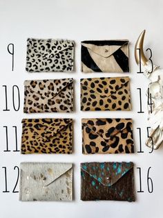 six different types of animal print envelopes with numbers in the bottom right hand corner