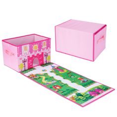 a pink castle play mat with storage bins