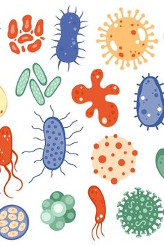 various types of germs on a white background with blue and orange ones in the middle