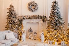 a living room decorated with christmas trees and presents