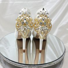 "Show stopping Bridal Shoes with sparkling crystal and gold back design. Dyeable Wedding Shoes.  Shoes in listing are Light Ivory.  Wedding shoes available in over 100 additional colors, including white.  We can also color match a sample you send us.   These beautiful wedding shoes have an approximate 4 1/4\" heel and a 1/2\" hidden platform. Pick from my color chart or send us a color swatch to match. DYE COLORS: My goal is for you to have your shoes dyed the exact color you want.  Please under Gold Wedding Heels Brides, Wedding Heels Brides, Gold Heels Wedding, Wedding Sandals For Bride, Bride Sandals, Leather Wedding Shoes, Purple Wedding Shoes, Ivory Bridal Shoes, Beautiful Wedding Shoes