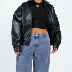 Jacket Is Brand New Just Too Big. Purchased For $105 But Willing To Bargain Since The Exchange Window Is Closed. Https://Us.Princesspolly.Com/Products/Kenny-Bomber-Jet-Black Oversized Black Biker Jacket For Work, Trendy Black Leather Jacket With Pockets, Black Urban Cropped Jacket For Fall, Chic Leather Jacket With Pockets For Streetwear, Oversized Cropped Jacket For Streetwear, Chic Streetwear Leather Jacket With Pockets, Oversized Black Cropped Jacket For Winter, Urban Black Cropped Jacket For Winter, Black Urban Cropped Jacket For Winter