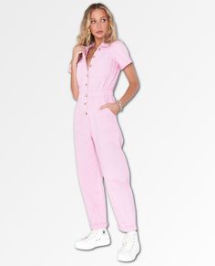 Your favorite Cannon Romper got an update. This cute pink denim jumpsuit is effortlessly chic and easy to throw on! The button up front lets you control how much skin you show and her flattering elastic waist keeps her a little more fitted while still being comfortable. *100% Cotton*Elastic waist*Pockets!*Imported *Model is 5' 8" and wearing a size Small Pink Denim Jumpsuit, Jumpsuit Pink, Festival Shop, Pink Denim, Western Women, Boiler Suit, Pink Jumpsuit, Denim Jumpsuit, Denim Outfit