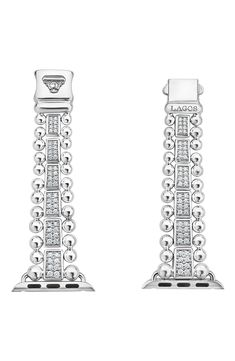 Turn your Apple Watch into a luxe piece of jewelry with this band featuring twelve links of shimmery diamond pavé framed by Lagos's signature caviar beading. Style Name:Lagos Smart Caviar Sterling Silver & Diamond Link Band For Apple Watch. Style Number: 5833101. Luxury White Bling Bracelets, Luxury White Bracelets With Bling, White Gold Diamond Watch With Rhinestones, Luxury White Gold Diamond Watch With Rhinestones, Luxury White Gold Bracelets With Rhinestones, Luxury White Gold Bracelet With Rhinestones, White Gold Diamond Watch With Bling, Silver Diamond Watch With Pave Setting, Luxury Diamond Bling Jewelry And Watches