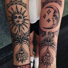 two people with tattoos on their legs and one has a sun and moon tattoo on it