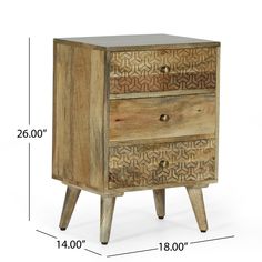 the measurements for an end table with two drawers and one drawer on each side,