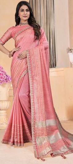 Pink and Majenta color Saree in Linen fabric with Gota Patti, Sequence, Thread work Festive Marriage Saree, Festive Wedding Saree, Elegant Art Silk Fabric For Wedding, Elegant Wedding Art Silk Fabric, Pink Embroidered Fabric With Zari Weaving For Wedding, Pink Art Silk Wedding Fabric, Pink Wedding Embroidered Fabric With Zari Weaving, Wedding Saree Fabric In Art Silk, Wedding Fabric With Zari Work