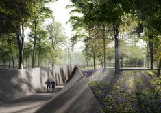 two people are walking down a path in the park with trees and flowers on either side