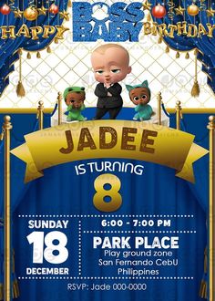 a birthday party flyer with an image of a little boy and his teddy bears on the stage