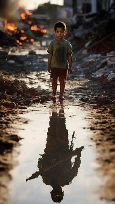 a little boy standing in the middle of a puddle with his reflection on the ground