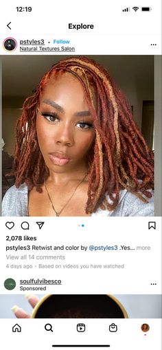 Loc Colour Ideas, Auburn Dreadlocks Black Women, Locs Fall Colors, 3 Tone Locs, Ginger Skunk Stripe Locs, Brown And Orange Locs, Red Ombre Locs Black Women, Auburn Hair Color Locs, Strawberry Blonde Locs Black Women