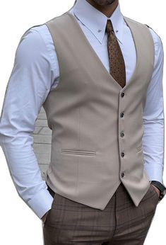 Fitted Beige Business Vest, Fitted Beige Vest For Business, Beige Fitted Outerwear For Semi-formal Occasions, Fitted Beige Vest For Formal Occasions, Fitted Beige Vest For Semi-formal Occasions, Beige Single Breasted Vest With Notch Lapel, Fitted Beige Outerwear For Business, Beige Fitted Outerwear For Business, Fitted Beige Vest For Tailoring