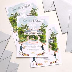 three wedding cards with the words save the date and an illustration of a woman walking in front of a house