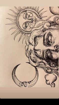 a drawing of a woman's face with the sun above her head and moon below it