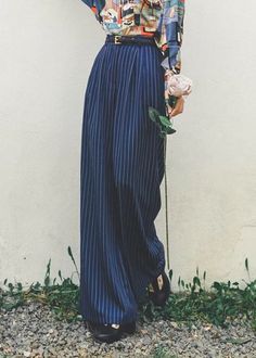 Wide Striped Pants Outfit, Queer Women Fashion, Queer Outfits, Striped Clothes, Boss Style, Style Collage, Teacher Fashion, Dark Blue Pants, Money Fashion