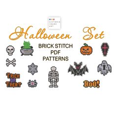 the halloween pixel stitch pattern set is shown in various sizes and colors, including pumpkins,