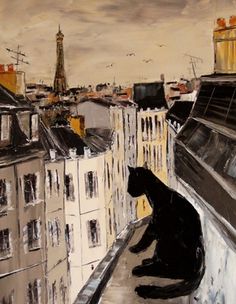 a painting of a black cat sitting on top of a roof looking at the city