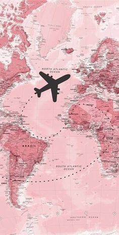 a pink world map with an airplane flying over the country's borders and countries