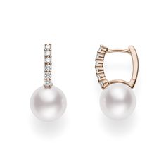 An 8mm Akoya pearl appears to drop from a line of diamonds in these earrings from the Mikimoto Classic collection. Crafted in 18K rose gold, the huggie hoops have a pretty profile and exude genuine glamour. These Mikimoto earrings will embrace your earlobe with an elegance today, as well as into the future. Timeless Diamond White Pearl Drop Earrings, Timeless Diamond Pearl Earrings For Evening, Timeless Diamond White Earrings With Pearl Drop, Elegant Diamond Bridal Earrings With Pearl Drop, Elegant Akoya Pearl Diamond Earrings For Evening, Timeless Diamond-accented Pearl Earrings, Elegant Akoya Pearl Diamond Earrings, Elegant Diamond White Akoya Pearl Diamond Earrings, Timeless Akoya Pearl Earrings With Diamond Accents