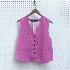 Cute And Brand New With Tags! Cotton Button-up Vest With Buttons, Spring Workwear Pink Vest, Pink Spring Vest For Workwear, Pink Spring Vest For Work, Summer Workwear Outerwear With Snap Buttons, Classic Spring Vest With Snap Buttons, Classic Vest With Snap Buttons For Spring, Spring Workwear Vest With Buttons, Buttoned Vest For Workwear In Spring