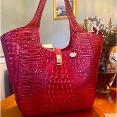 Brand New, Reddish Color “Satchel Style” Brahmin Lg Size $275 Luxury Large Capacity Red Shoulder Bag, Red Satchel Bag With Palladium Hardware, Red Satchel Shoulder Bag With Palladium Hardware, Red Shopping Bags With Palladium Hardware, Red Tote Bag With Palladium Hardware, Red Tote Shoulder Bag With Palladium Hardware, Brahmin Bags, Brahmin Handbags, Pretty Bags