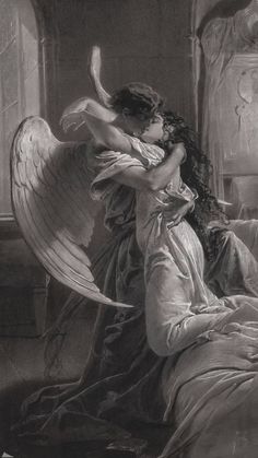 an angel hugging a woman in bed with her arm around the head and wings outstretched