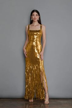 F00186078-105 Tassel Dress, Sequin Evening Dresses, Camisole Dress, Gold Sequins, Hip Dress, Formal Party, Evening Attire, Gold Dress, Celebrity Dresses